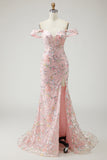 Off The Shoulder Mermaid Blush Sequin Long Prom Dress with Slit
