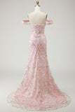 Off The Shoulder Mermaid Blush Sequin Long Prom Dress with Slit