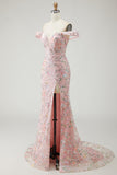 Off the Shoulder Mermaid Sequin Long Blush Prom Dress with Embroidery