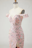 Off the Shoulder Mermaid Sequin Long Blush Prom Dress with Embroidery