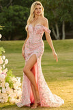 Off The Shoulder Mermaid Blush Sequin Long Prom Dress with Slit