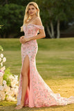 Off The Shoulder Mermaid Blush Sequin Long Prom Dress with Slit