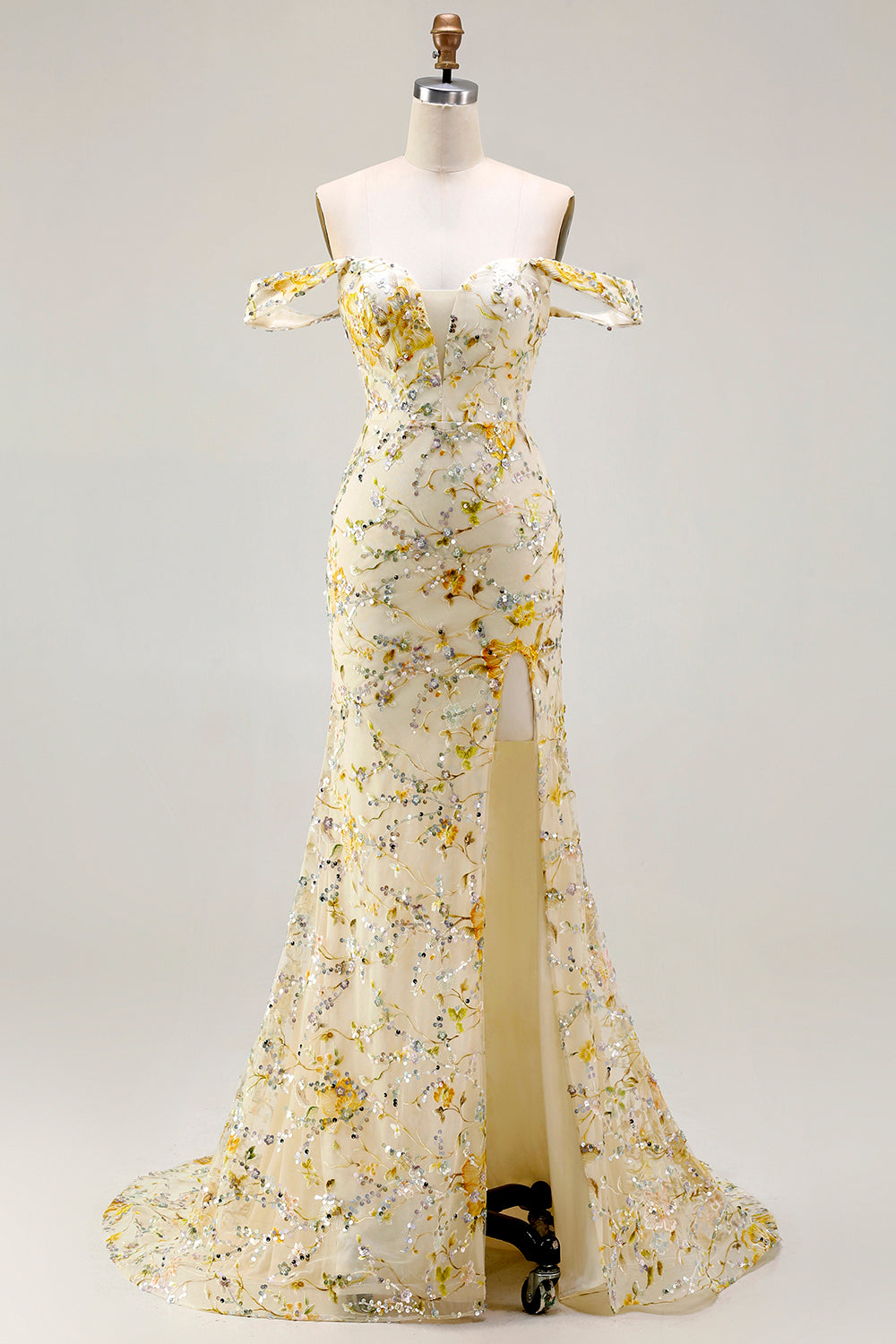 ZAPAKA Women Yellow Sequin Long Prom Dress with Slit Mermaid Off the Shoulder Party Dress with Embroidery ZAPAKA Women Yellow Sequin Long Prom Dress with Slit Mermaid Off the Shoulder Party Dress with Embroidery