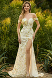 Yellow Off the Shoulder Mermaid Sequin Long Prom Dress with Embroidery