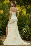 Yellow Off the Shoulder Mermaid Sequin Long Prom Dress with Embroidery