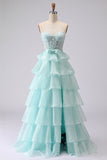 Pink Sweetheart A-Line Ruffled Corset Long Prom Dress with Slit