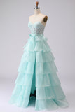 Green A Line Strapless Corset Beaded Tiered Long Prom Dress with Lace