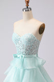 Green A Line Strapless Corset Beaded Tiered Long Prom Dress with Lace