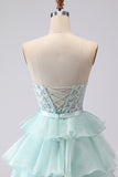 Green A Line Strapless Corset Beaded Tiered Long Prom Dress with Lace