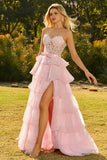 Pink Sweetheart A-Line Ruffled Corset Long Prom Dress with Slit