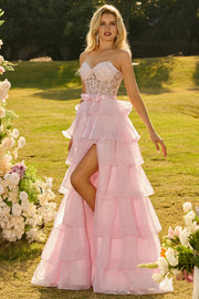 Pink Sweetheart A-Line Ruffled Corset Long Prom Dress with Slit