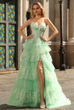 Green A Line Corset Sweetheart Tiered Ruffled Long Prom Dress with Sequins