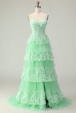 Green A Line Corset Sweetheart Tiered Ruffled Long Prom Dress with Sequins