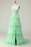 Green A Line Sweetheart Corset Tiered Ruffled Long Prom Dress with Sequins