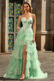 Green A Line Corset Sweetheart Tiered Ruffled Long Prom Dress with Sequins