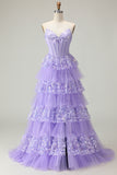Sweetheart A Line Purple Corset Tiered Ruffle Long Prom Dress with Sequins