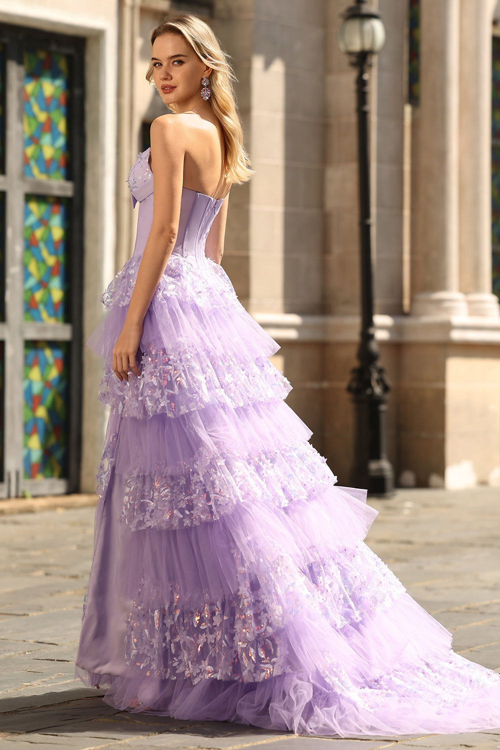 Zapaka Women Sweetheart Purple A Line Long Prom Dress with Slit Corset Tiered Ruffle Party Dress with Bow ZAPAKA Zapaka Women Sweetheart Purple A Line Long Prom Dress with Slit Corset Tiered Ruffle Party Dress with Bow ZAPAKA