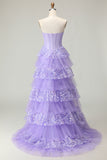 Sweetheart A Line Purple Corset Tiered Ruffle Long Prom Dress with Sequins