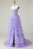 Sweetheart A Line Purple Corset Tiered Ruffle Long Prom Dress with Sequins