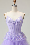Sweetheart A Line Purple Corset Tiered Ruffle Long Prom Dress with Sequins