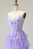 Sweetheart A Line Purple Corset Tiered Ruffle Long Prom Dress with Sequins