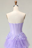 Sweetheart A Line Purple Corset Tiered Ruffle Long Prom Dress with Sequins