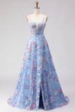 Blue A-Line Corset Embroidered Lace Up Back Long Floral Prom Dress with Slit