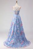 Blue A-Line Corset Embroidered Lace Up Back Long Floral Prom Dress with Slit