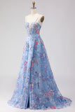 Blue A-Line Corset Embroidered Lace Up Back Long Floral Prom Dress with Slit