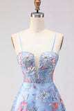 Blue A-Line Corset Embroidered Lace Up Back Long Floral Prom Dress with Slit