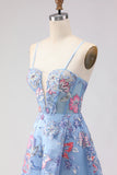 Blue A-Line Corset Embroidered Lace Up Back Long Floral Prom Dress with Slit