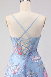 Blue A-Line Corset Embroidered Lace Up Back Long Floral Prom Dress with Slit