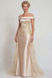 Champagne Off the Shoulder Appliqued Satin Mermaid Mother of the Bride Dress