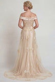 Champagne Off the Shoulder Appliqued Satin Mermaid Mother of the Bride Dress