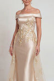 Champagne Off the Shoulder Appliqued Satin Mermaid Mother of the Bride Dress