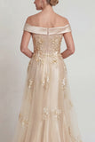 Champagne Off the Shoulder Appliqued Satin Mermaid Mother of the Bride Dress