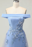 Off the Shoulder Grey Blue Mermaid Appliqued Mother of the Bride Dress with Sequins