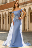 Grey Blue Mermaid Off the Shoulder Appliqued Mother of the Bride Dress with Sequins