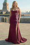 Burgundy Mermaid Beaded Embroidered Plus Size Long Prom Dress with Slit