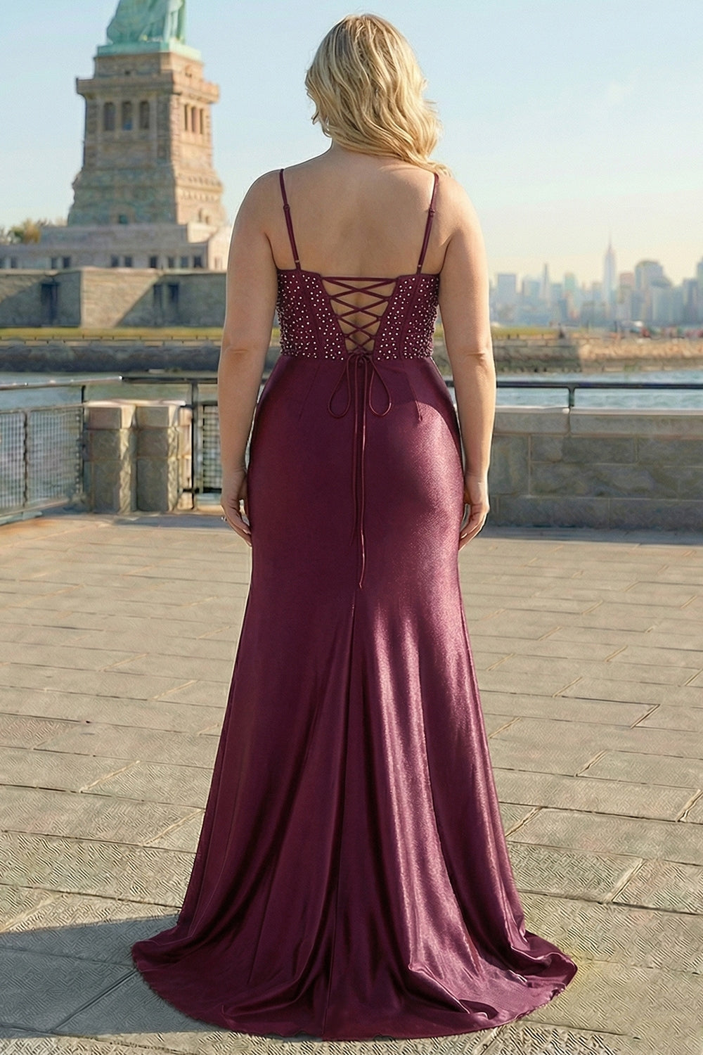 Zapaka Women Burgundy Long Plus Size Prom Dress with Slit Mermaid Spaghetti Straps Beaded Corset Formal Dress with Lace Up Back, Burgundy / US14 Zapaka Women Burgundy Long Plus Size Prom Dress with Slit Mermaid Spaghetti Straps Beaded Corset Formal Dress with Lace Up Back, Burgundy / US14