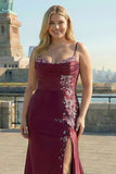 Burgundy Mermaid Beaded Embroidered Plus Size Long Prom Dress with Slit