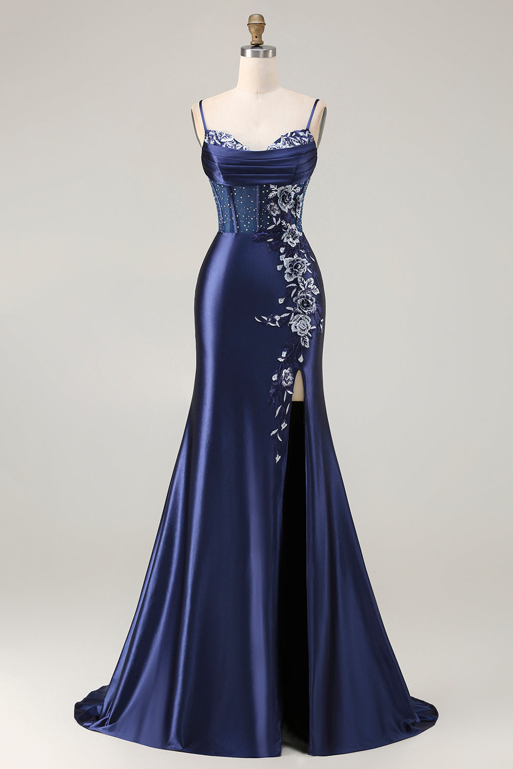 navy blue embroidered prom dress Sleeveless Metallic Embroidered Prom Dress with Slit Royal Blue / 2XLarge