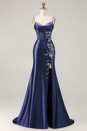 Navy Mermaid Beaded Corset Embroidered Long Prom Dress with Slit