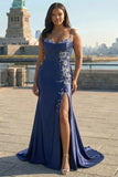 Navy Mermaid Beaded Corset Embroidered Long Prom Dress with Slit