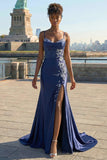 Navy Mermaid Corset Embroidered Satin Long Prom Dress with Slit