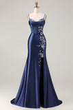 Navy Mermaid Beaded Corset Embroidered Long Prom Dress with Slit