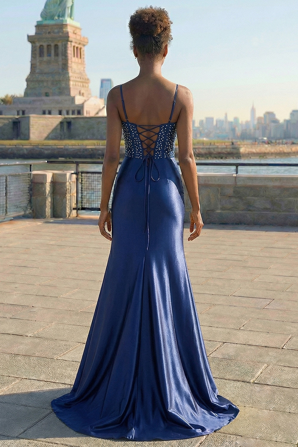 Navy Mermaid Corset Embroidered Satin Long Prom Dress with Slit Navy Mermaid Corset Embroidered Satin Long Prom Dress with Slit