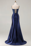 Navy Mermaid Beaded Corset Embroidered Long Prom Dress with Slit