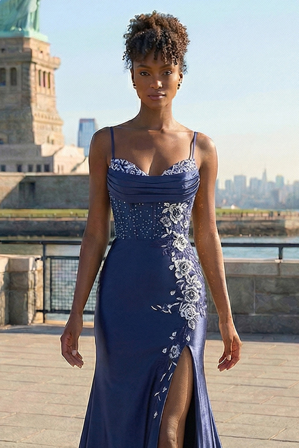Navy Mermaid Corset Embroidered Satin Long Prom Dress with Slit Navy Mermaid Corset Embroidered Satin Long Prom Dress with Slit