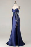 Navy Mermaid Beaded Corset Embroidered Long Prom Dress with Slit